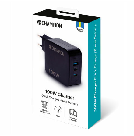 Champion strmadapter 2x USB-C 1x USB-A QC/PD 100W GaN